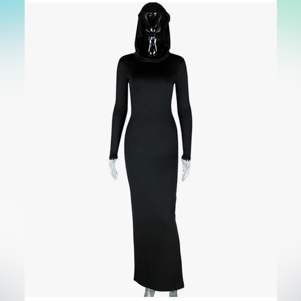 Black hooded bodycon dress long sleeve sexy maxi slit wasteland apocalypse goth - Picture 3 of 10